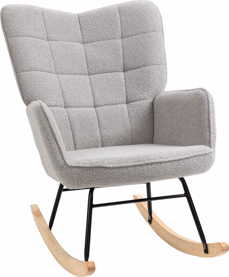 Poltrona a dondolo Moonbite, color grigio chiaro, con imbottitura trapuntata, poltrona a dondolo in velluto berbero, ideale per leggere e rilassarsi, base in legno di faggio, portata massima 120 kg, realizzata in poliestere, color grigio chiaro