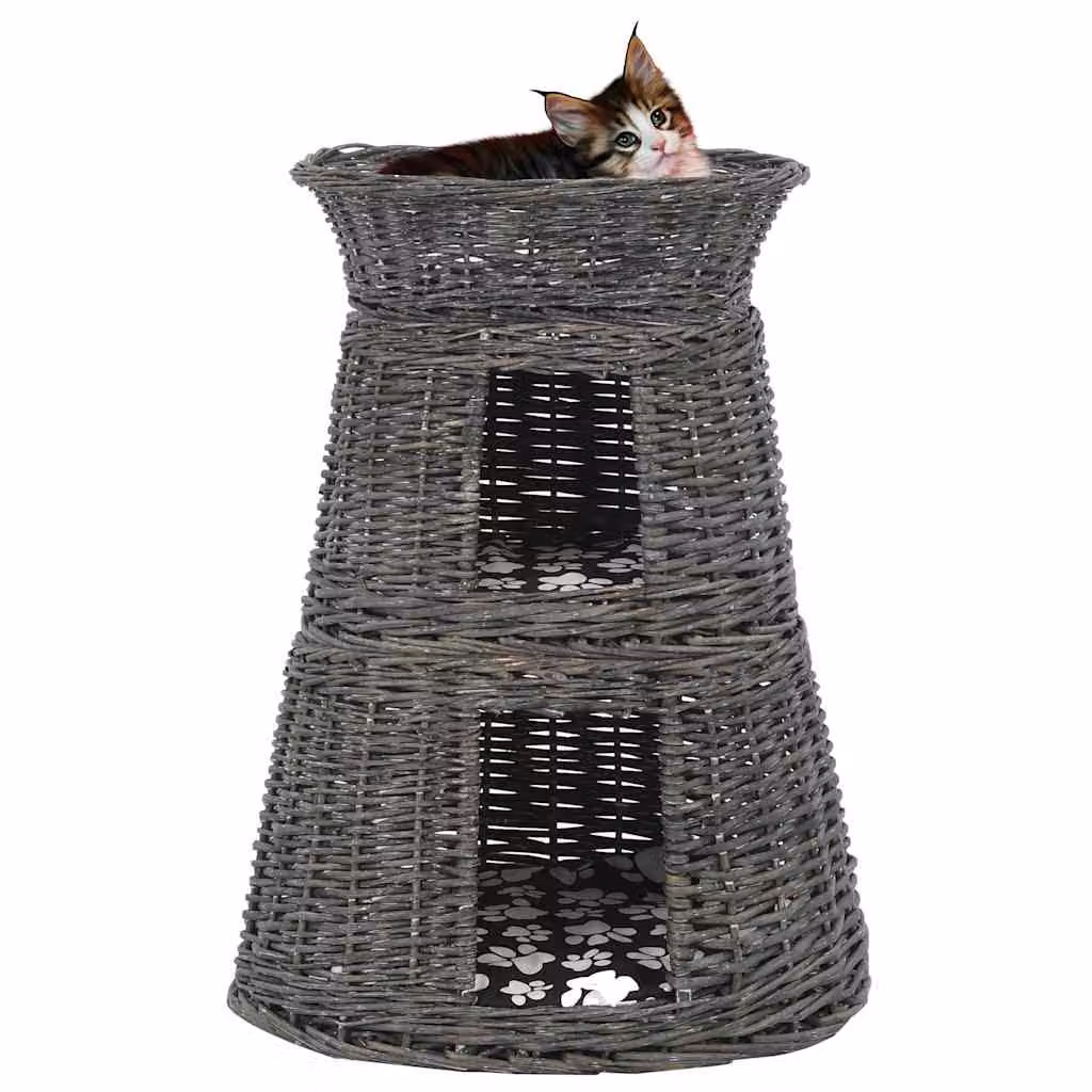 Set di 3 ceste per gatti vidaXL in legno di salice naturale con cuscini grigi, L: 47 cm, P: 34 cm, H: 60 cm