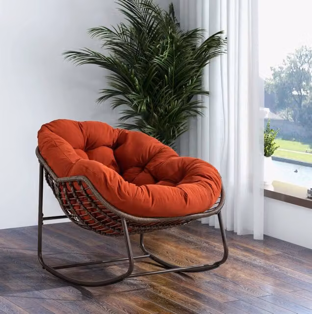 Sedia a dondolo da esterno in rattan sintetico con struttura in acciaio; 78x106x90 cm; arancione