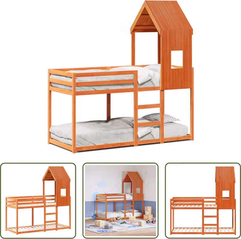 The Living Store Letto a castello con tetto marrone cera 90x200 cm in legno di pino massiccio