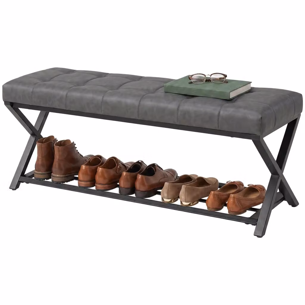 Panca da ingresso XYLO con ripiano porta scarpe e appendiabiti, imbottita in similpelle grigio scuro, L 112 x P 37 x H 47 cm – 2
