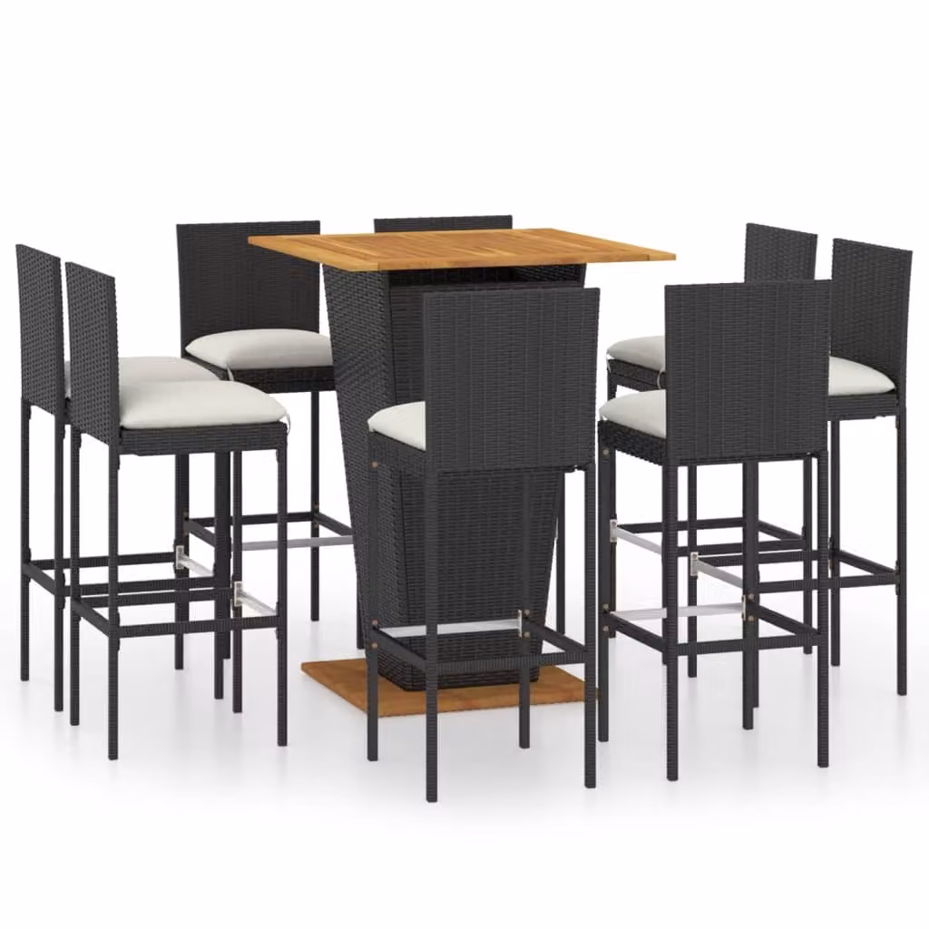 Set da Bar da Giardino 9 pz con Cuscini in Polyrattan Nero