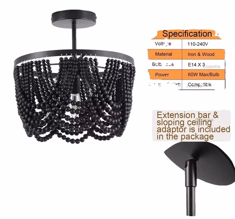 Lampadario, perline di legno, design versatile, colore nero, dimensioni compatte