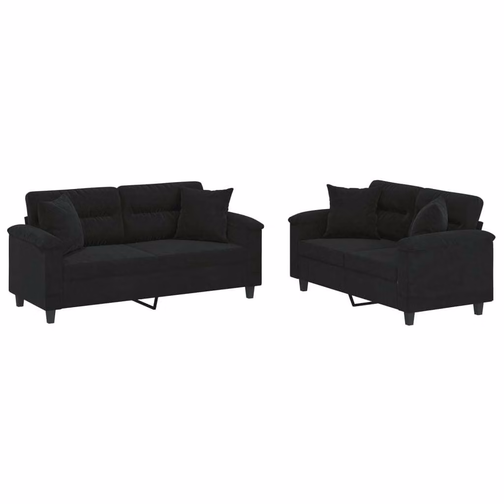 Set Divani 2 pz con Cuscini Nero in Tessuto Microfibra
