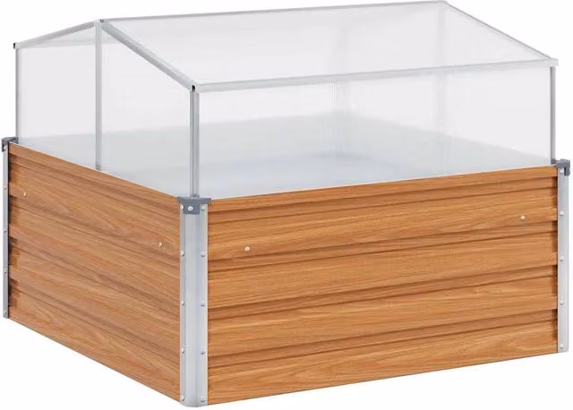 Fioriera con serra stile industriale esterno 100 x 100 x 77 cm tetto apribile e resistente alle intemperie in acciaio zincato marrone chiaro 02_0059059