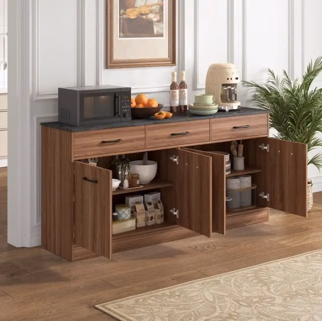 Sideboard cucina con 3 cassetti e ripiani regolabili, isola cucina 160 cm con piano in effetto cemento, finitura noce, 76,5x160x37 cm