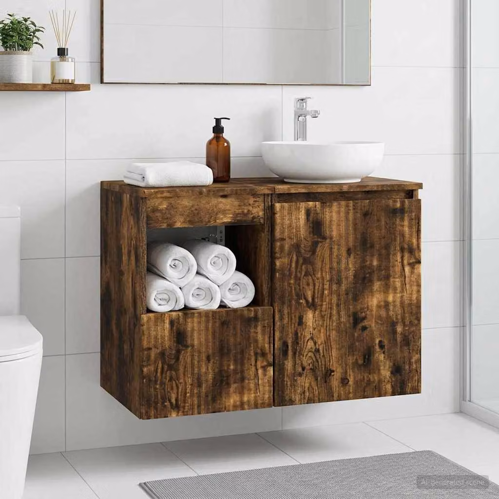 Mobile da bagno vidaXL in legno Rovere Fumo con ante a battente e ripiani interni, L 30 cm x P 35 cm x H 50 cm