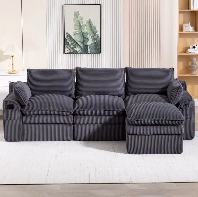 Divano modulare 3 posti con pouf in velluto a coste grigio scuro HOMVRA