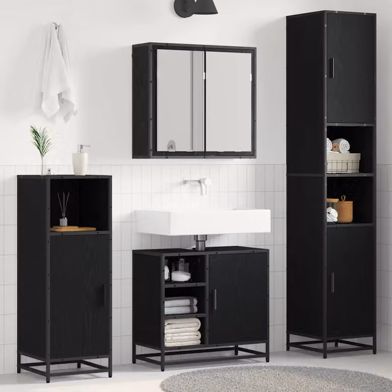 Set di mobili per il bagno moderno vidaXL in 3 pezzi, Rovere e Nero, con armadietto a specchio e mobile lavabo a parete