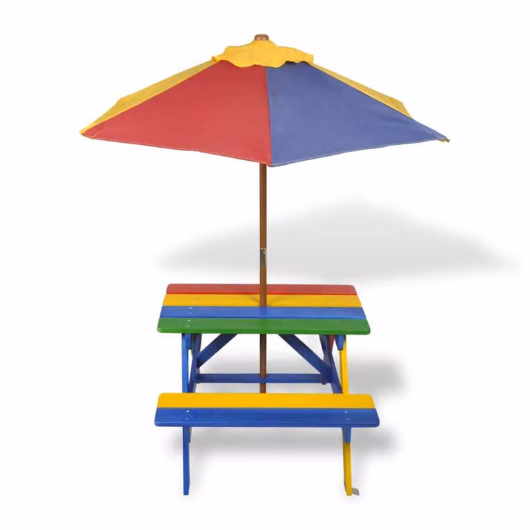 Tavolo e Panchine per Bambini con Parasole Legno Multicolore
