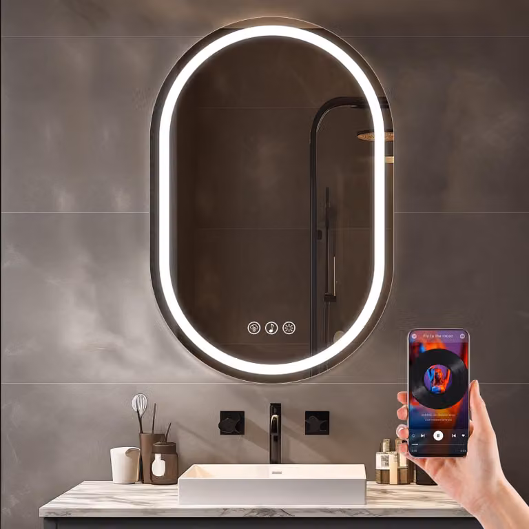 Specchio da bagno a LED, forma ovale, dimensioni 60x90 cm, con Bluetooth, dimmerabile e antiappannamento