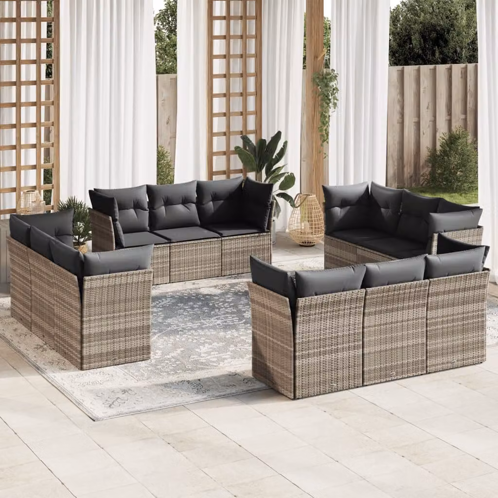 vidaXL Set Divano da Giardino a Forma di U 12 pz con Cuscini Grigio Chiaro in Polyrattan e Metallo – 1