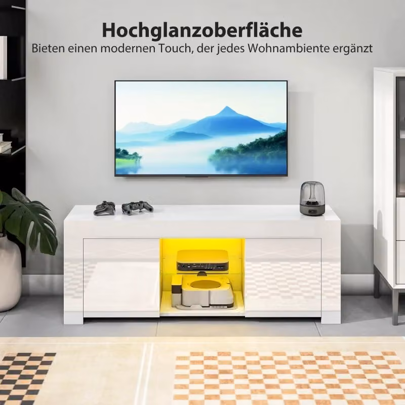 Mobile porta TV moderno OKWISH bianco con LED RGB, 2 ante, 2 vani aperti e ripiano in vetro, L 120 cm x P 34 cm x H 45 cm – 2