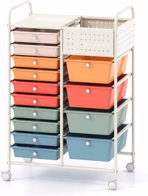 Carrello portaoggetti multicolore con 14 cassetti rimovibili, piano in metallo e pannelli forati salvaspazio con ruote
