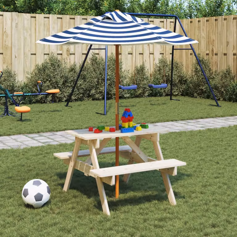 vidaXL Tavolo da picnic per 4 bambini in legno di abete con ombrellone