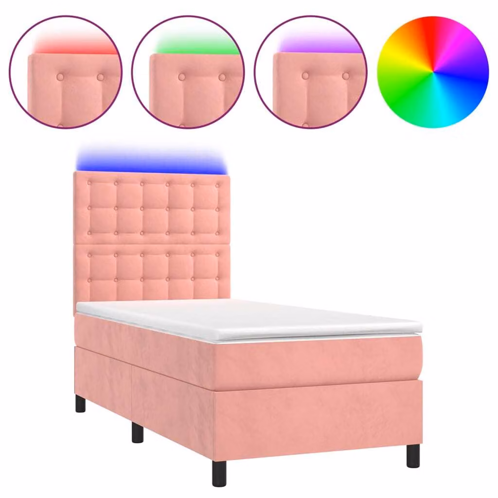 Letto a Molle con Materasso e LED Rosa 100x200 cm in Velluto