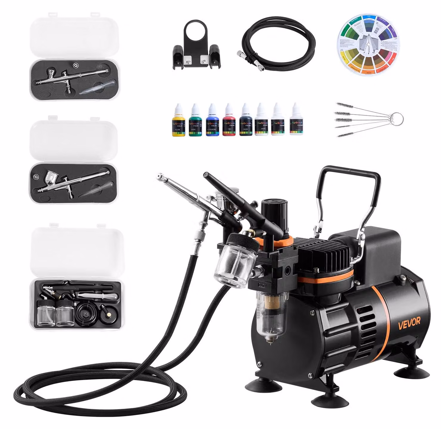 Set di aerografi VEVOR da 1/6 hp con compressore d'aria, 3 pistole a doppia azione con 3 ugelli (0,3/0,3/0,8 mm) e tubo flessibile e vernice acrilica e 2 ventole, per la decorazione di torte, la pittura di modelli e la nail art