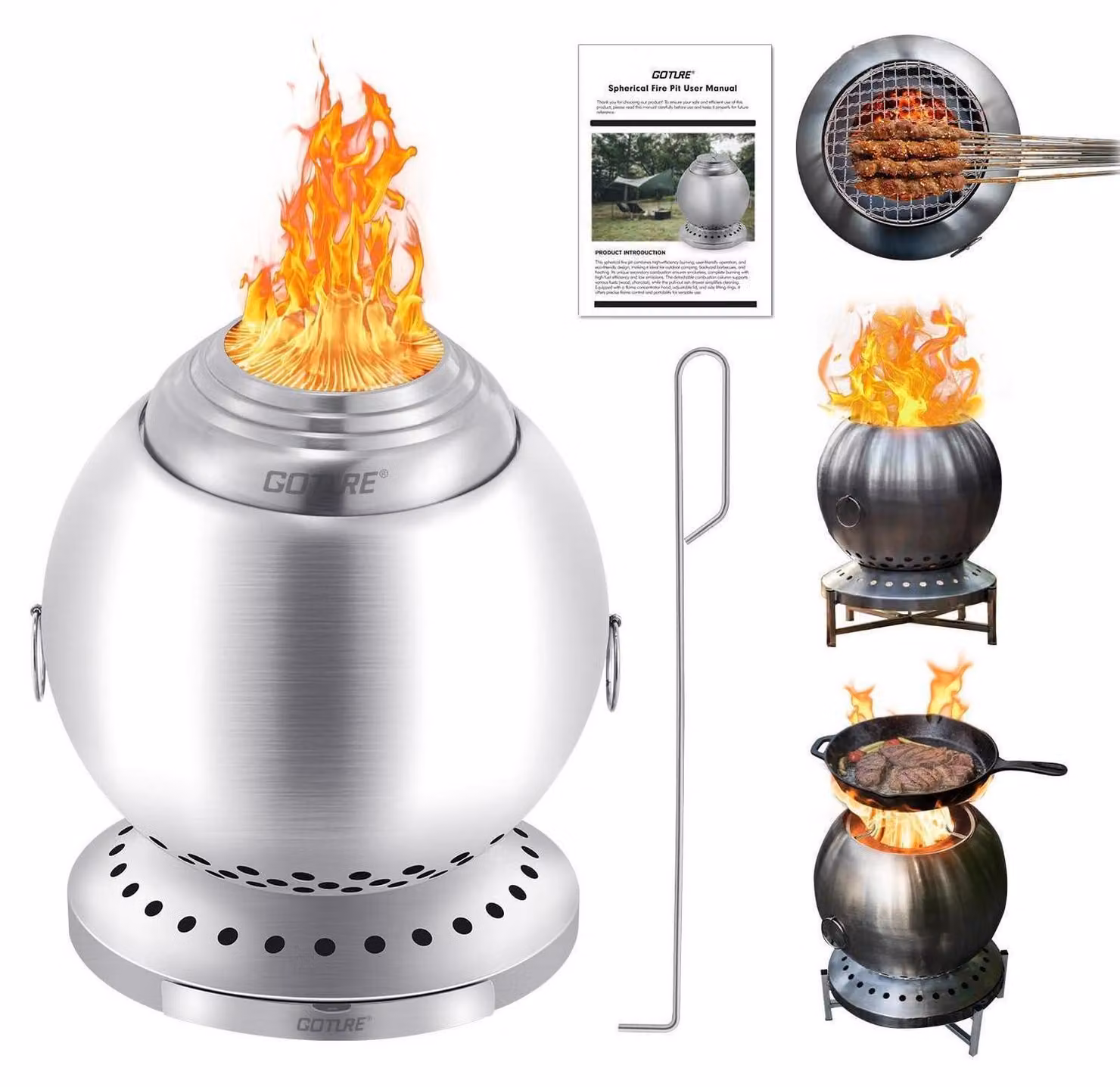 Focolare da tavolo a forma di sfera, in acciaio inossidabile, senza fumo, con griglia per barbecue, dimensioni 18 cm di larghezza x 24 cm di altezza