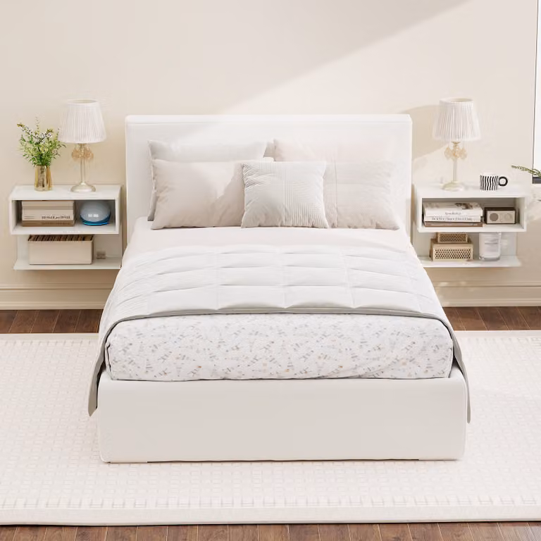 Set di 2 comodini sospesi Costway in legno con 2 ripiani aperti, design moderno bianco per camera da letto, soggiorno o ingresso
