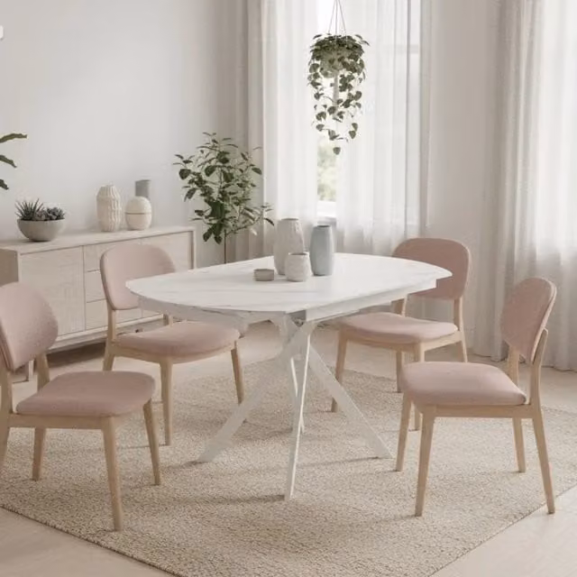 Tavolo da pranzo allungabile Drift Duzzle in ceramica effetto marmo bianco con finitura opaca, ideale per fino a 6 posti, L/P: 80-120 x 120 cm, H: 76 cm