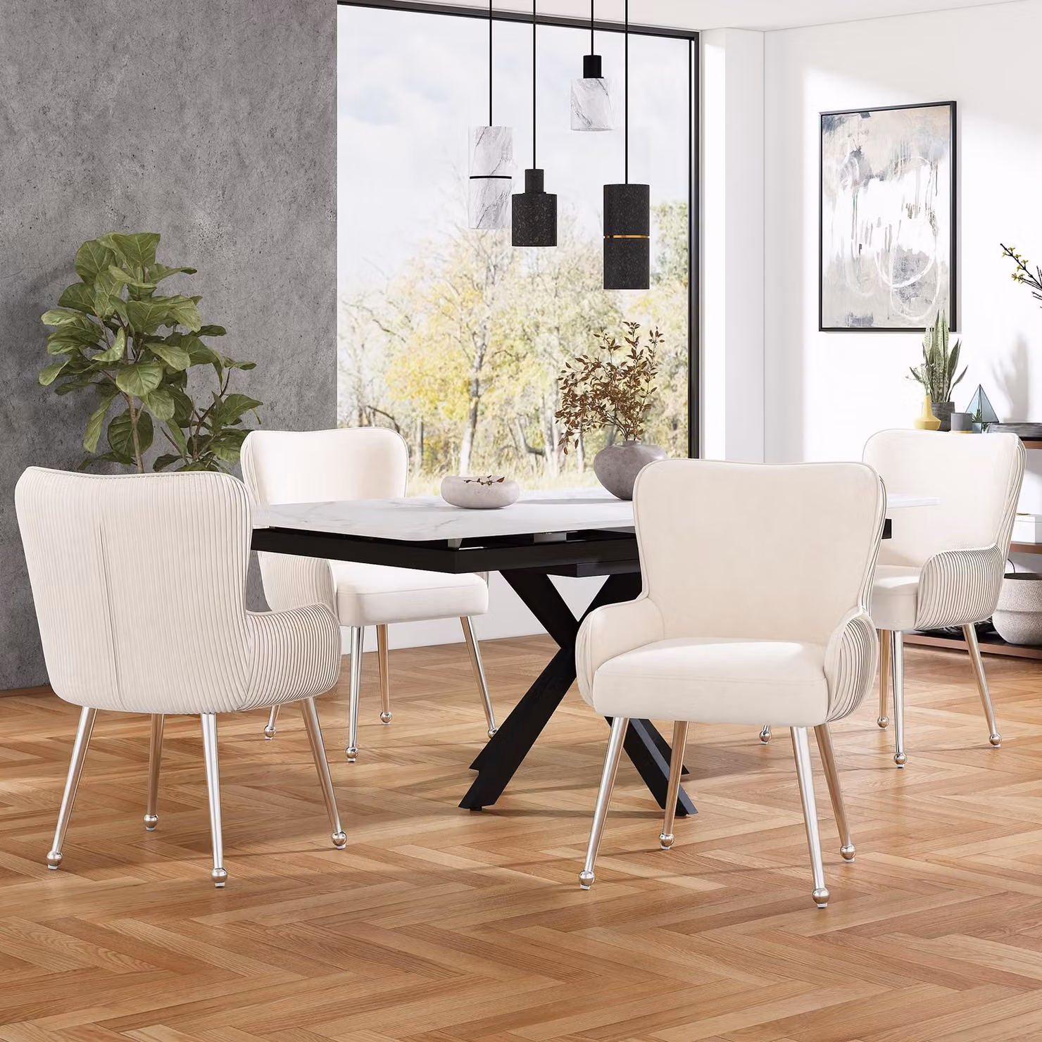 Set di 2 poltrone da pranzo in velluto, lussuose, ideali per il soggiorno, la camera da letto o come poltrone relax. Dotate di quattro gambe in metallo argentato, braccioli, piedini regolabili, supporto lombare e rivestimento beige