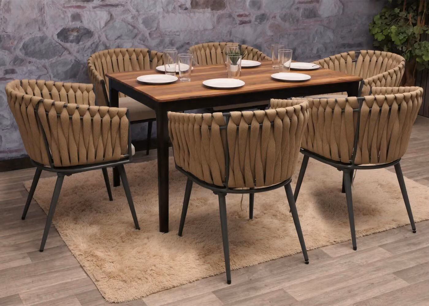 set di 6 sedie da pranzo in alluminio MCW-N38, braccioli per sedie da interno, intreccio in corda olefinica Corda ~ cuscino beige marrone chiaro