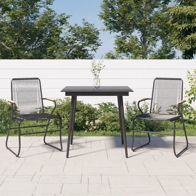 Set da pranzo da giardino moderno vidaXL in polyrattan nero con tavolo in vetro e sedie in legno e metallo