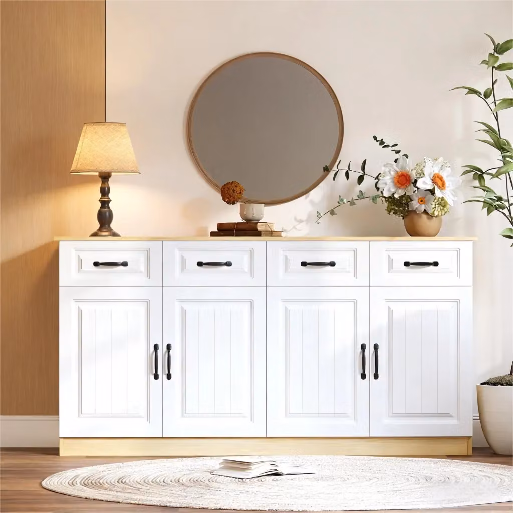 Credenza da cucina bianca con 4 cassetti, 4 ante e ripiani regolabili in MDF, L 160 x P 35 x H 80 cm – 2