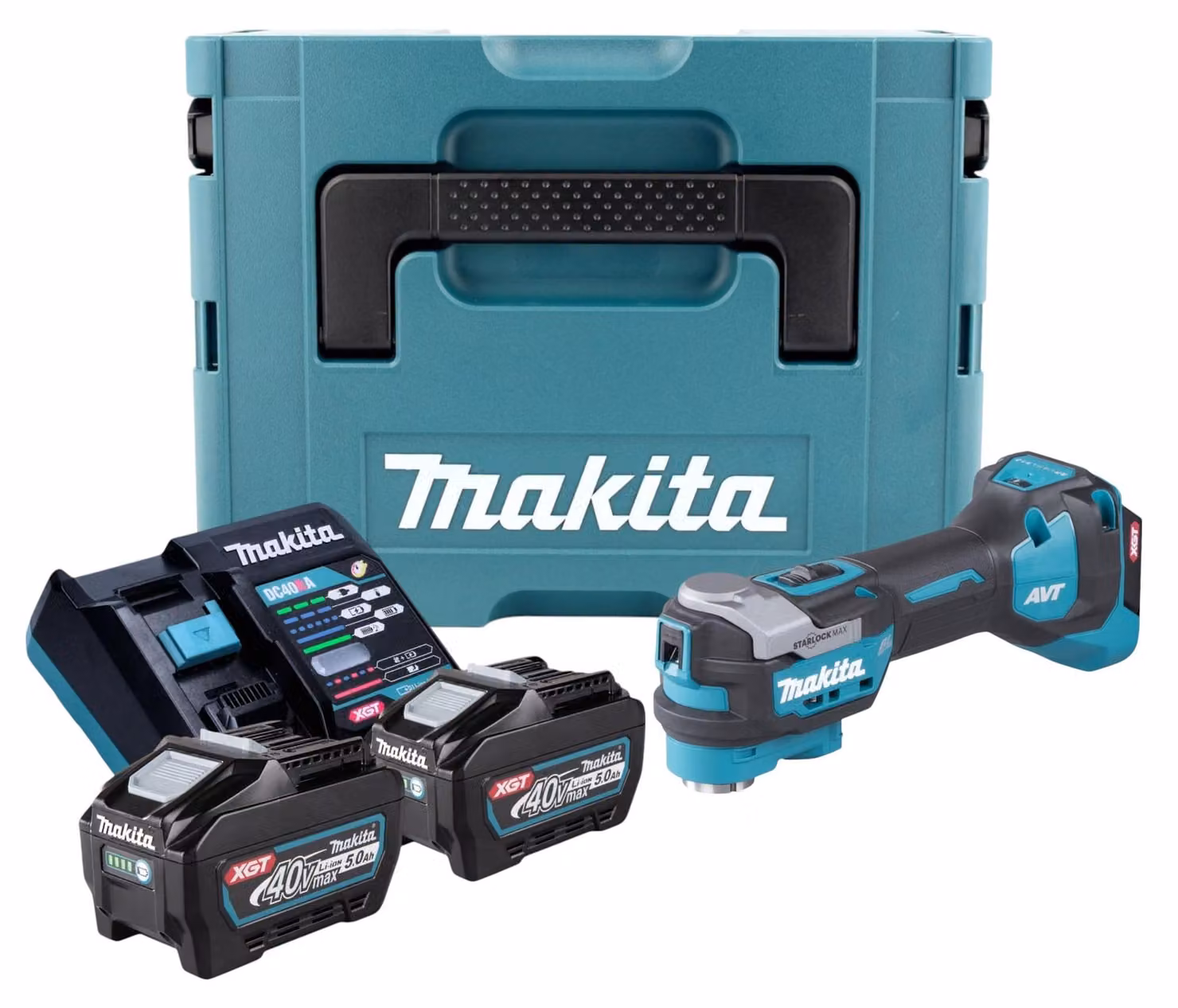 Makita TM 001 GT201 Utensile multifunzione a batteria 40 V max. Starlock Max Brushless + 2x batteria ricaricabile 5,0 Ah + caricabatterie + Makpac