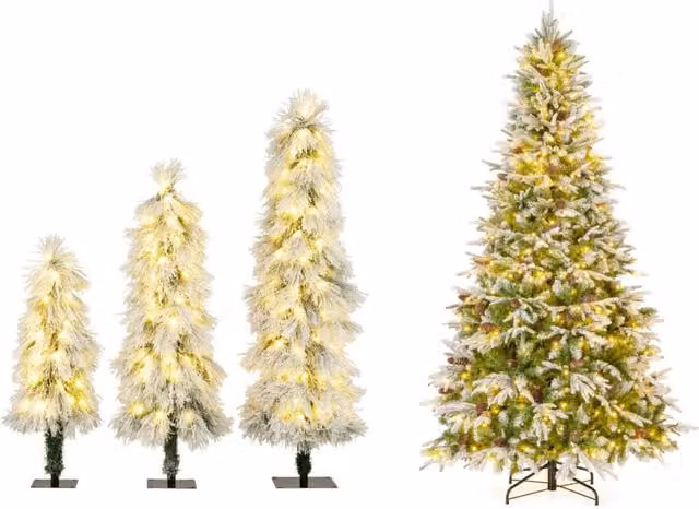 Albero di Natale artificiale pre-luminoso 190cm e set da 3 alberi di Natale artificiali, Albero di Natale foderato di neve e alberi di Natale da 90 cm 120 cm 150 cm