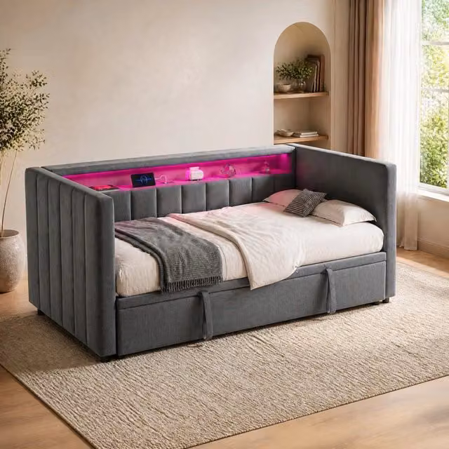 Letto da giorno estraibile ULEVR 90x190 cm con LED regolabile, USB Type-C e velluto grigio scuro