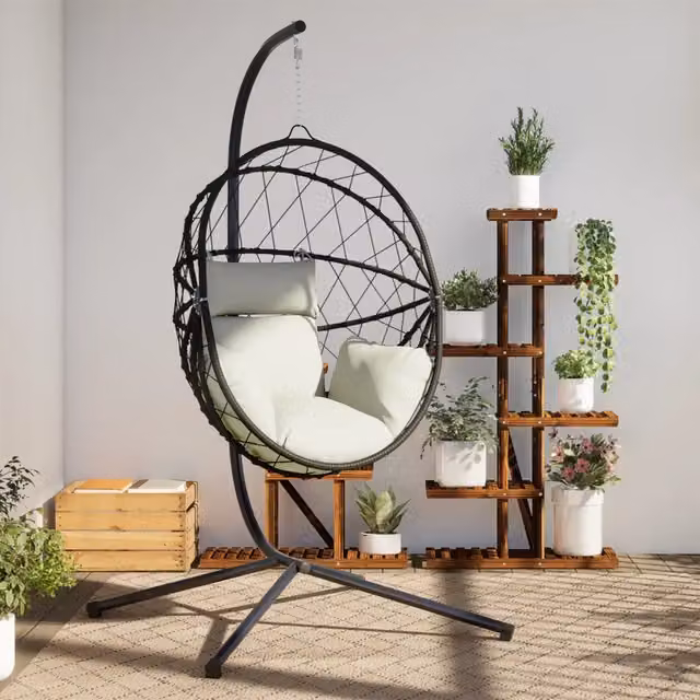 Sedia a uovo sospesa con supporto vidaXL in rattan e acciaio beige con cuscini inclusi – 1
