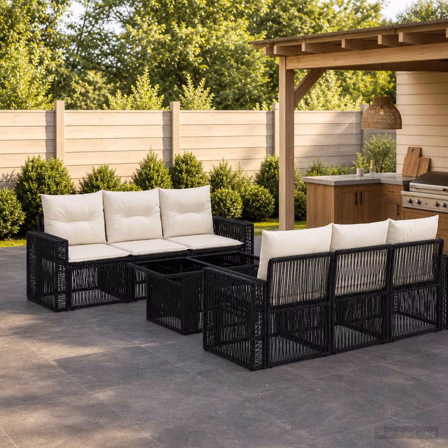 Set Divano da Giardino vidaXL 7 Pezzi in Polyrattan Nero e Bianco Crema con Cuscini e Tavolino