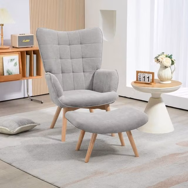 Poltrona relax con pouf WISHDOR in tessuto grigio e gambe in legno di faggio, L: 101 cm, P: 72 cm, H: 80 cm
