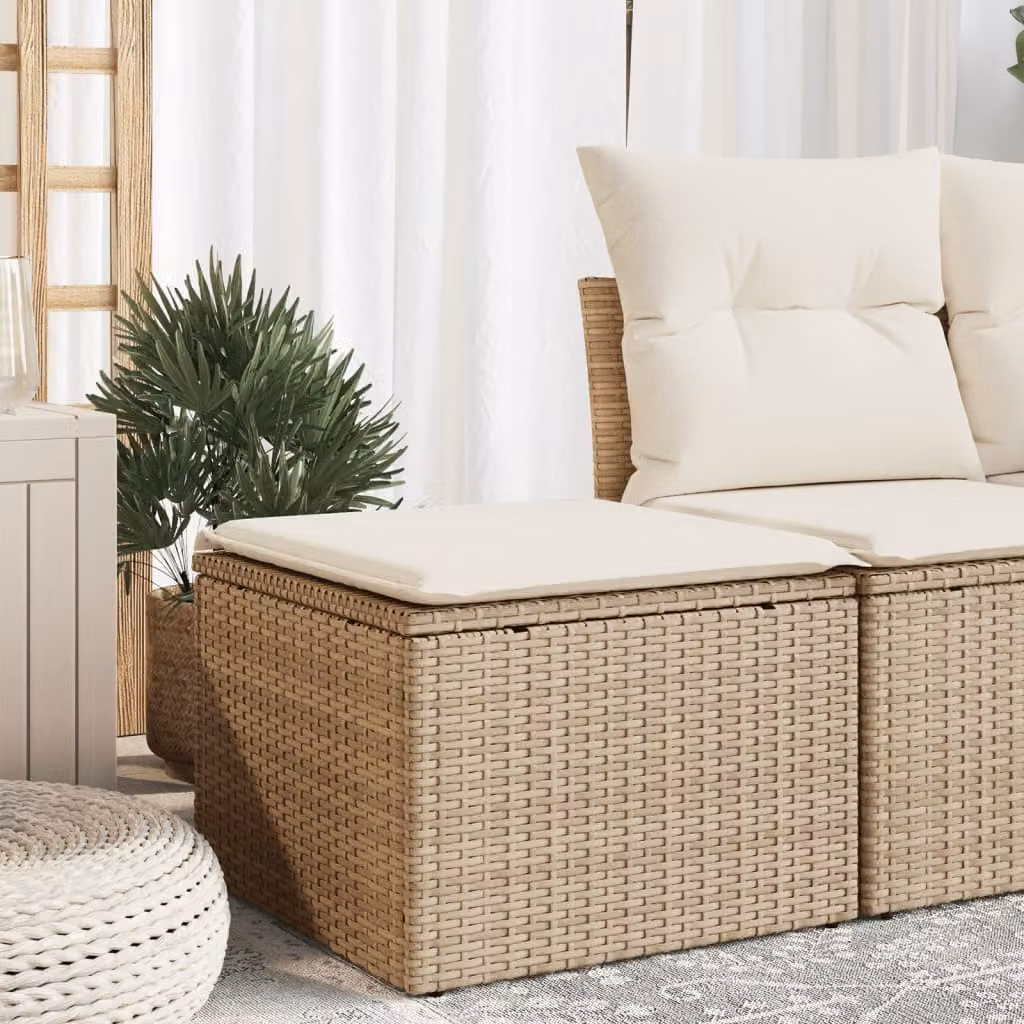 Sgabello da giardino vidaXL in polyrattan con cuscino beige e rivestimento rimovibile L/P/H: 55 x 55 x 37 cm
