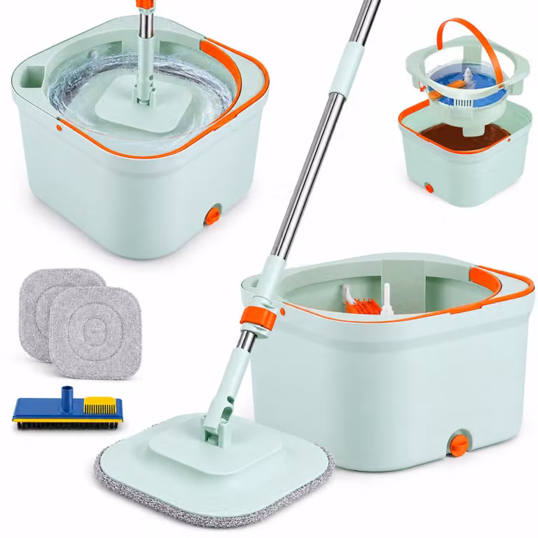 Set per la pulizia a secco, composto da: secchio, mop piatto rotante a 360°, 2 panni in microfibra e manico telescopico