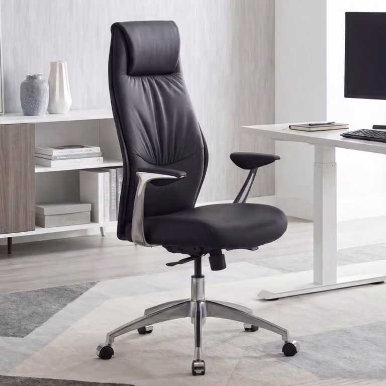 FineBuy: sedia da ufficio in vera pelle nera, sedia da scrivania con portata massima di 120 kg, poltrona direzionale con meccanismo sincronizzato, sedia girevole