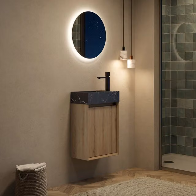 Mobile bagno sospeso con lavabo integrato in marmo naturale, struttura in multistrato e anta in legno massello