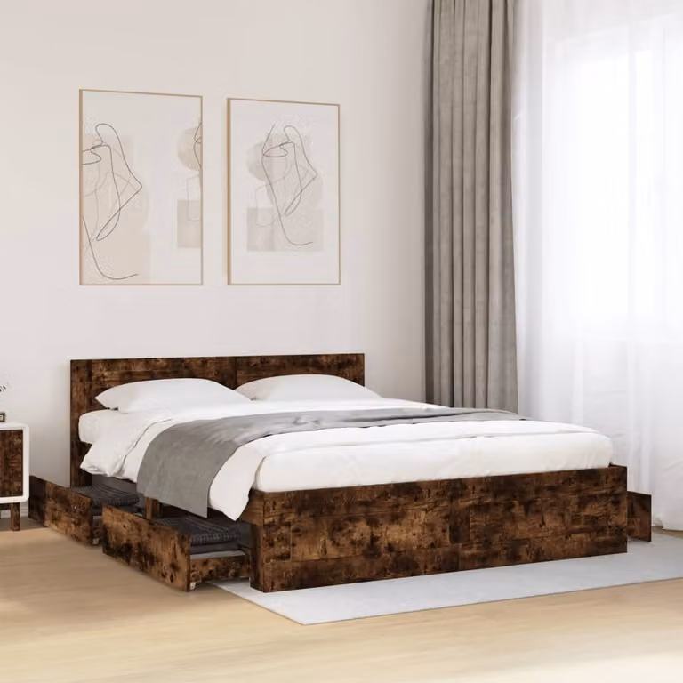 vidaXL Giroletto con Testiera in Rovere Fumo e Legno Multistrato, L/P/H: 160 x 200 x 163 cm, Colore Marrone