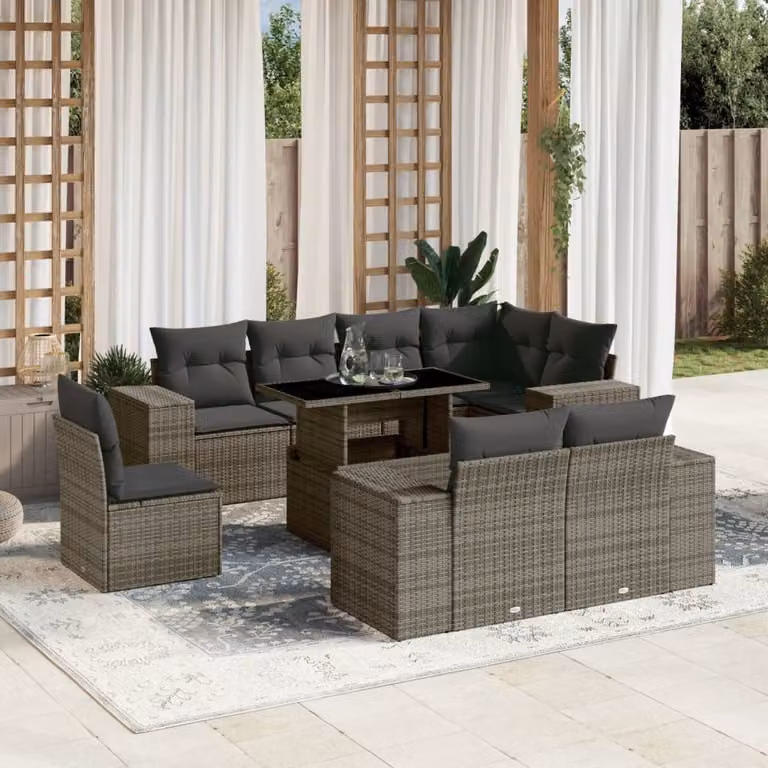vidaXL Set Divano da Giardino a L 9 pz in Polyrattan Grigio con Cuscini e Tavolino