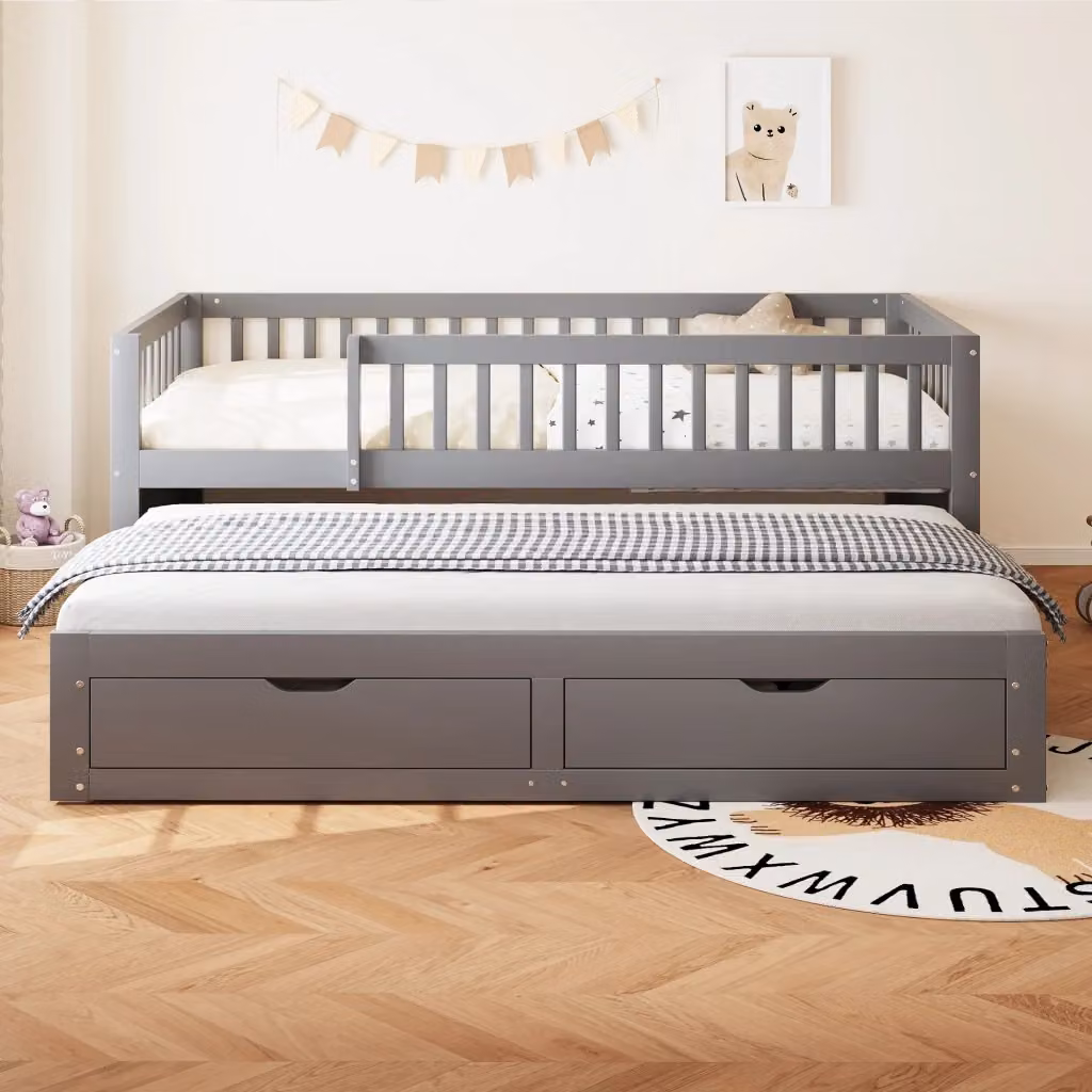 Letto singolo estraibile in legno con 2 cassetti e rete, colore grigio, L/P/H: 205 x 90 x 77,5 cm – 2