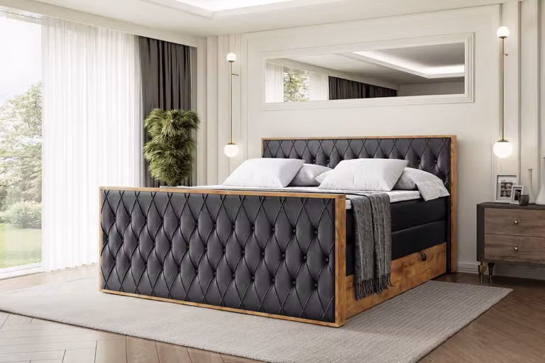 Letto boxspring ALTDECOR con materasso e rete a doghe, topper, pediera, letto imbottito con contenitore, letto con vano portaoggetti, materassi H3 e H4, letto matrimoniale -LOLLI5-Z KING-180x200 - Ecopelle nera