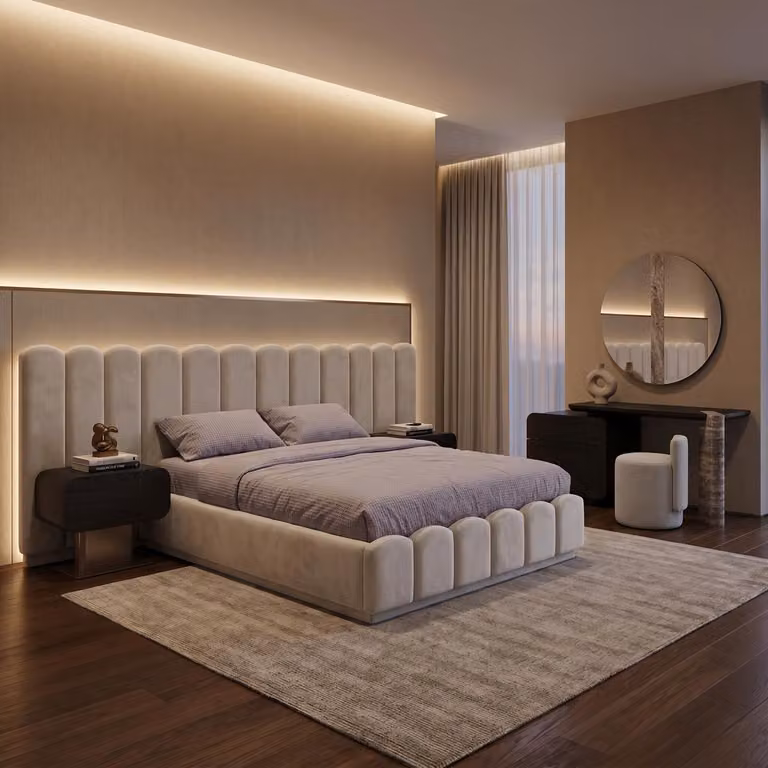 Set per camera da letto moderno, beige e nero, elegante, composto da letto e tavolino da trucco