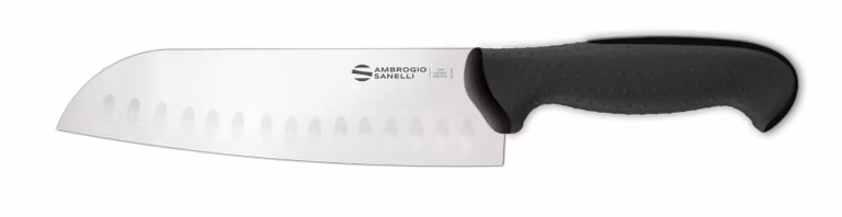 Coltello Santoku linea Tecna di Sanelli Ambrogio, lama alveolata cm 18, manico nero
