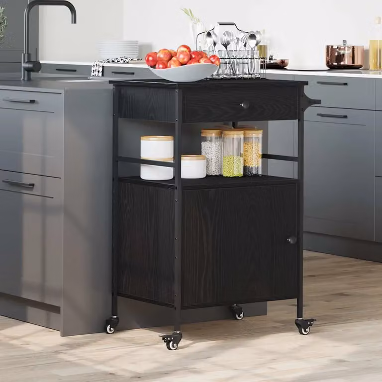 vidaXL Carrello da Cucina Moderno in Legno e Metallo, Nero, L 56 cm x P 43 cm x H 89,5 cm