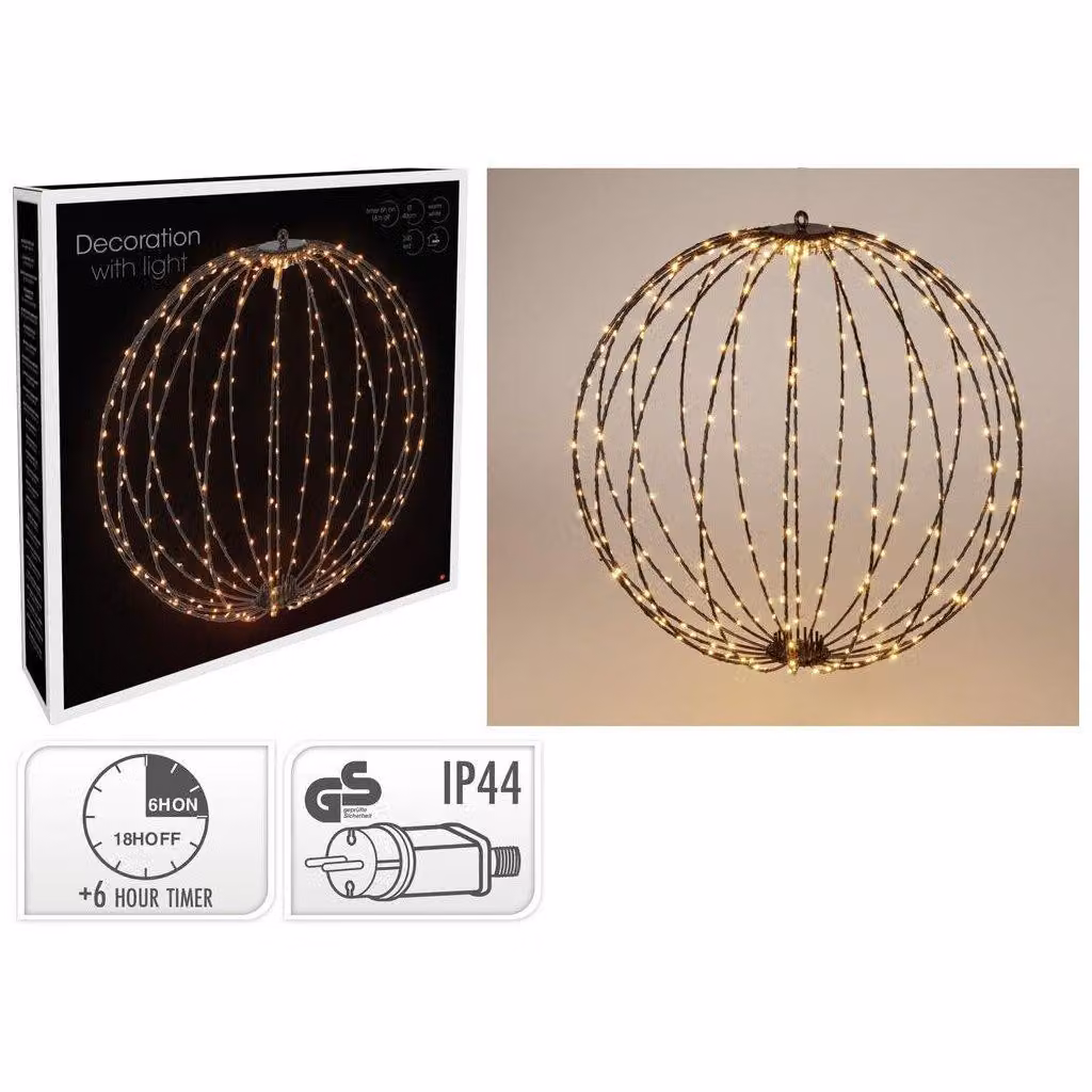 Decorazione luminosa a LED, sfera di 40 cm, 240 LED, luce bianca calda, colore nero