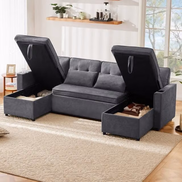 Divano letto a U 4 posti con contenitore; portabicchieri; 270 x 130 x 86 cm; tessuto effetto lino; grigio