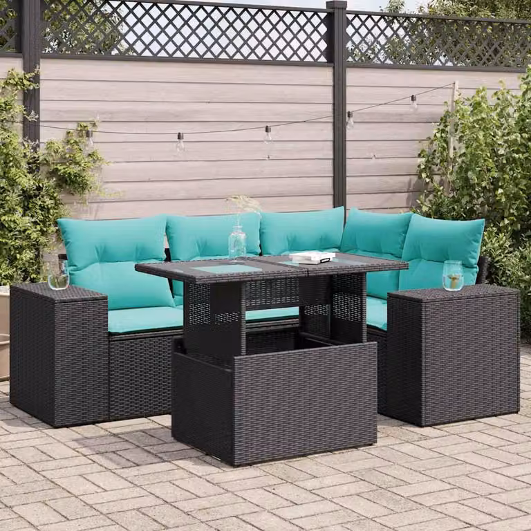 Maison Exclusive - Set Divano da Giardino 5 pz con Cuscini Nero Polyrattan Acacia