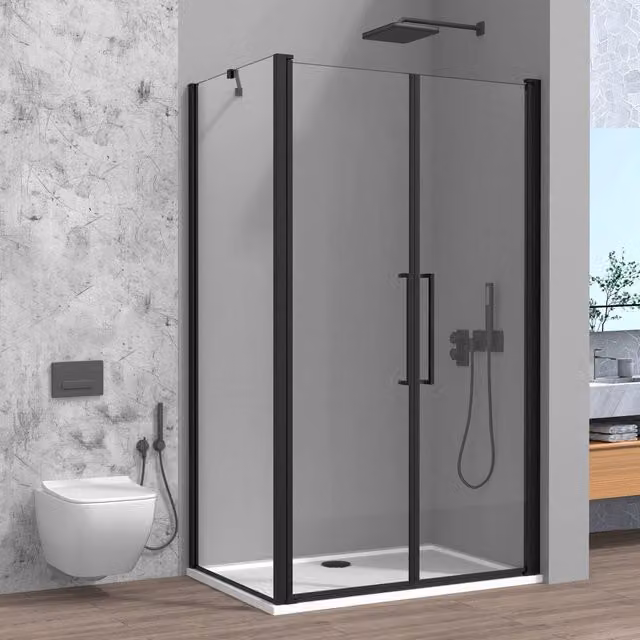 Box doccia angolare Neos con apertura saloon in vetro temperato trasparente e profili nero opaco L/P/H: 80 x 70 x 195 cm
