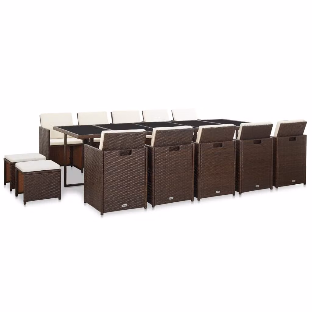 Set da Pranzo da Giardino 15 pz con Cuscini Polyrattan Marrone